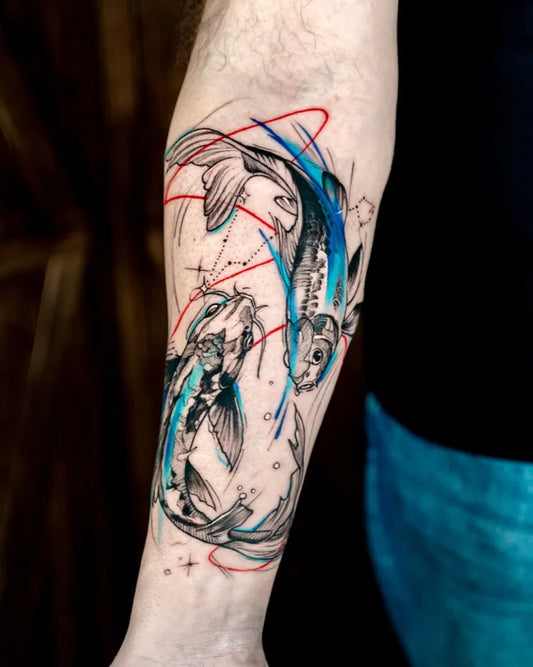 Medium Watercolor Two Koi Fish Tattoo on Men Arm by @cinarts