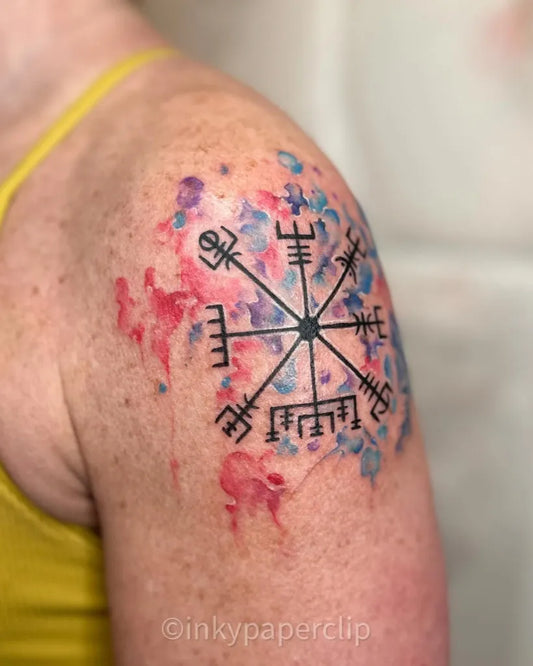 Medium Watercolor Vegvisir Tattoo on Women Shoulder by @inkypaperclip