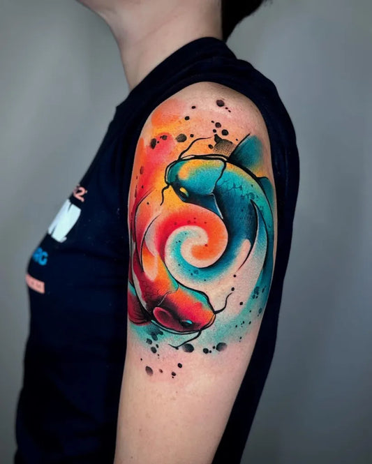 Medium Watercolor Yin Yang Koi Tattoo on Women Shoulder by @martapoisontattoo