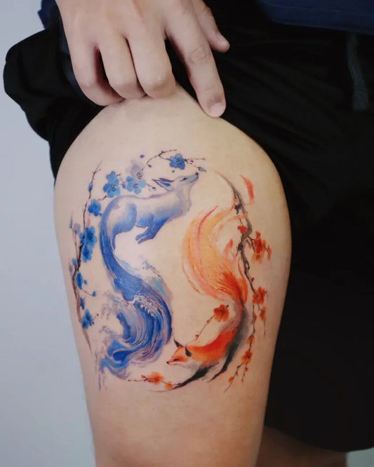 Medium Watercolor Yin Yang Koi Tattoo on Women Thigh by @sylvia.ink.journal
