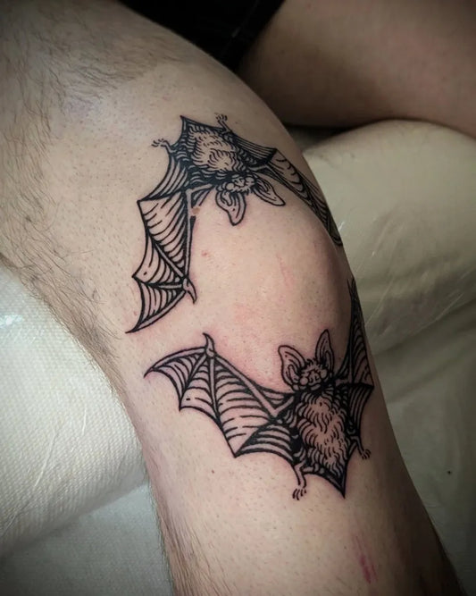 Medium Woodcut Bats Tattoo on Men Knee by @macabromantica_