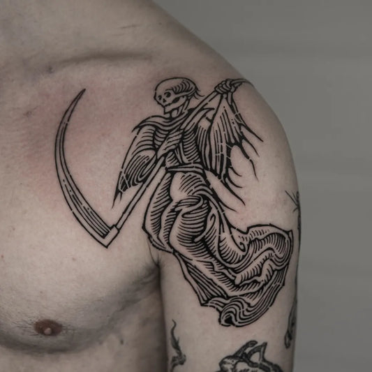 Medium Woodcut Death with Scythe Tattoo on Men Shoulder by @snail_trail__