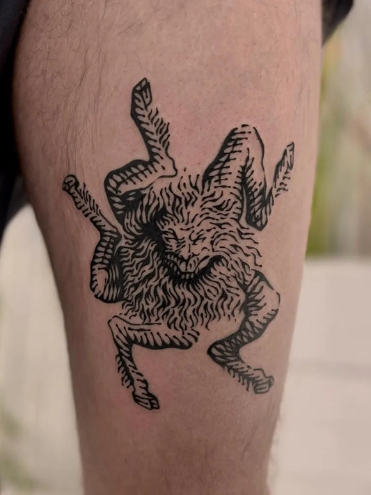 Medium Woodcut Demonic Goat Tattoo on Men Thigh by @wonny_wood