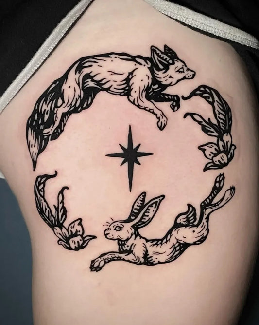 Medium Woodcut Fox Hare Star Tattoo on Women Thigh by @ina_inks