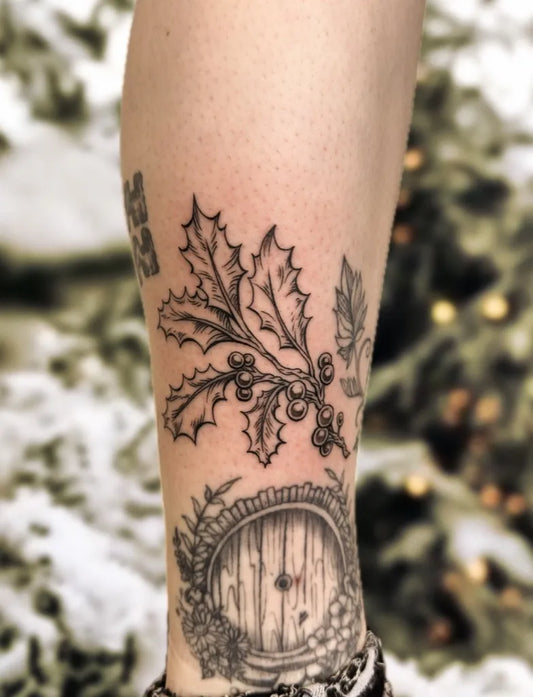 Medium Woodcut Hollywood Bagend Tattoo on Women Leg by @uprooted_ink