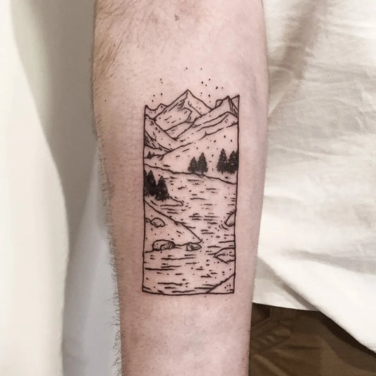 Medium Woodcut Mountain River Forest Tattoo on Men Arm by @uvern_tattoo