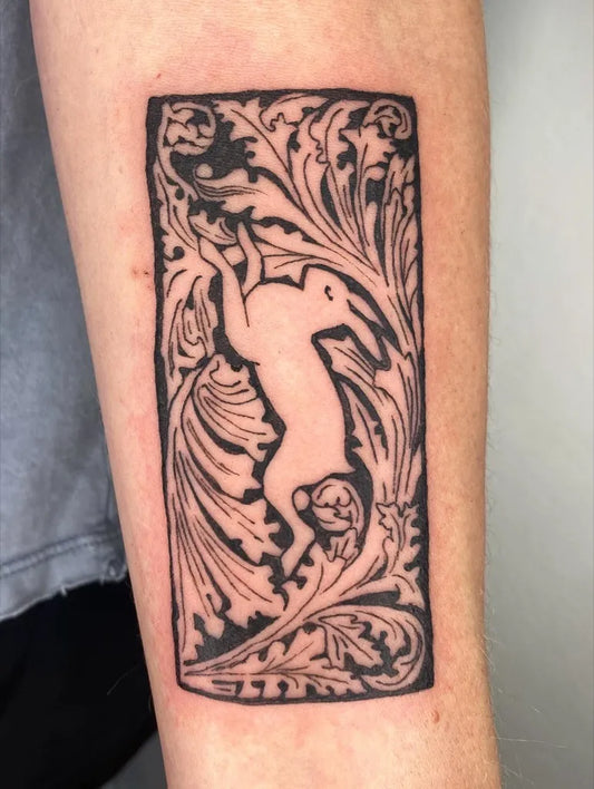 Medium Woodcut Ornate Rabbit Tattoo on Women Arm by @shell_station_tattoo