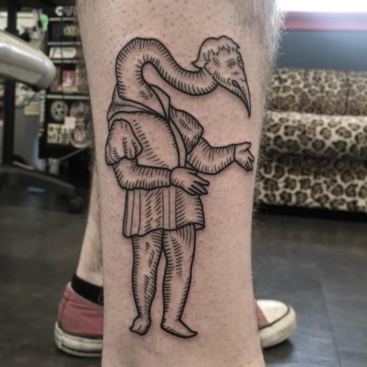 Medium Woodcut Ostrich Headed Man Tattoo on Men Leg by @saint_lousy