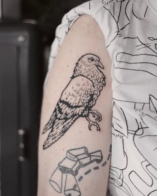 Medium Woodcut Pigeon Car Path Tattoo on Women Arm by @orianapavl