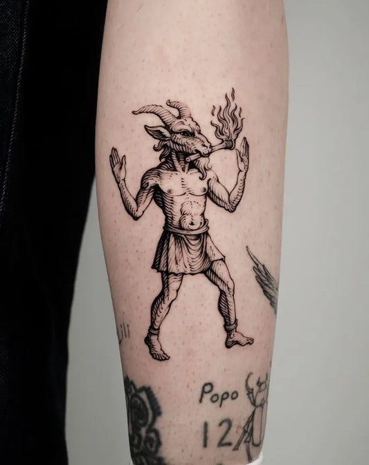 Medium Woodcut Satyr Holding Flame Tattoo on Men Arm by @vox.maeot