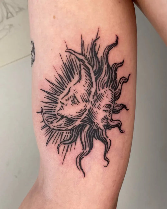 Medium Woodcut Sun and Moon Tattoo on Women Arm by @5.5volt_tattoo