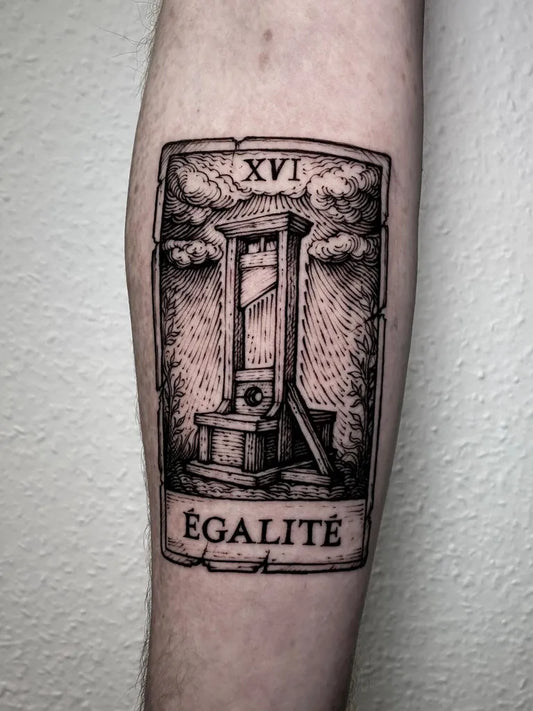Medium Woodcut Tarot Card Guillotine Tattoo on Men Arm by @vox.maeot