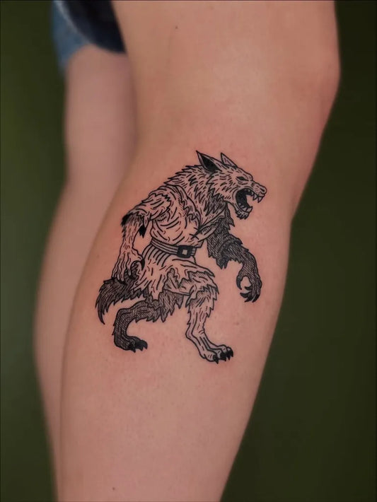 Medium Woodcut Werewolf Tattoo on Women Thigh by @tapiotats