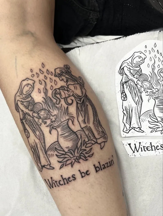 Medium Woodcut Witches and Staff Tattoo on Women Arm by @iainsellar