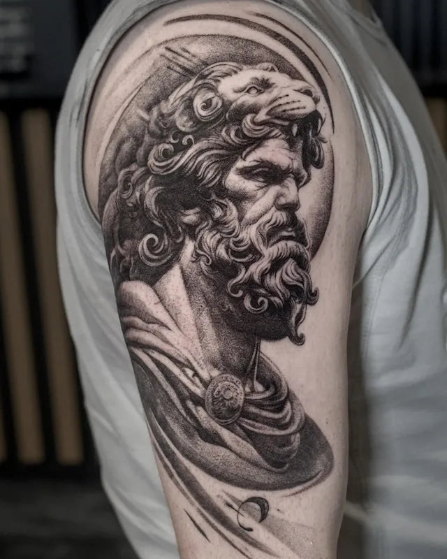 black and grey dotwork greek god portrait tattoo on man upper arm