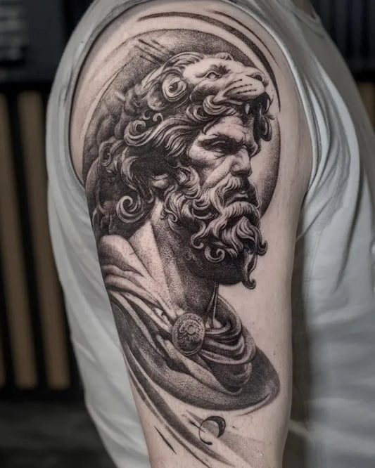 black and grey dotwork greek god portrait tattoo on man upper arm