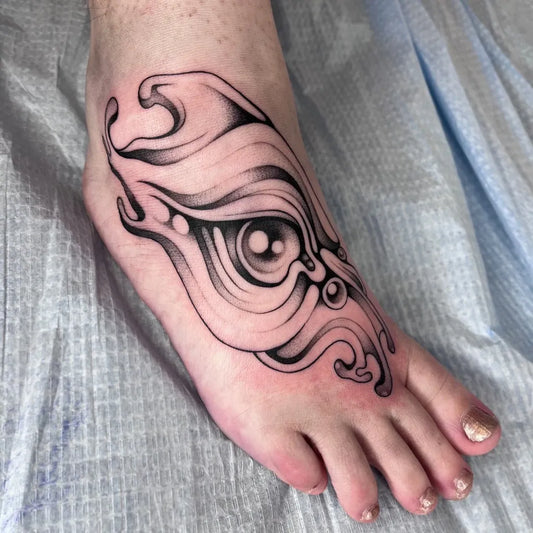 Small Abstract Eye Tattoo on Women Foot by @carlavtattoos