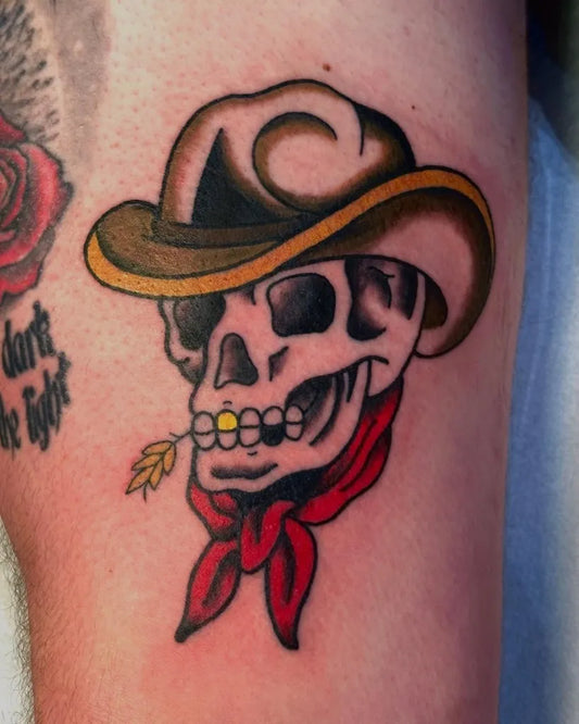 Small American Traditional Cowboy Skull with Bandana and Wheat Stem on Men Arm Tattoo by @fatjuicytattoos