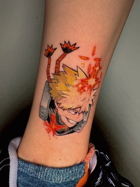 Small Anime Katsuki Bakugo with Headphones on Women Leg Tattoo by @nianstrike