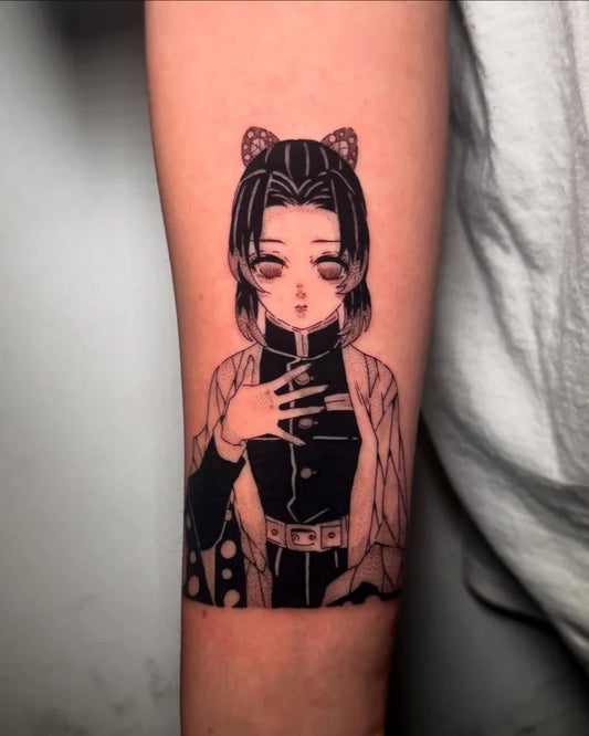 Small Anime Mitsuri Kanroji on Women Arm Tattoo by @seiscaminosdeldolor