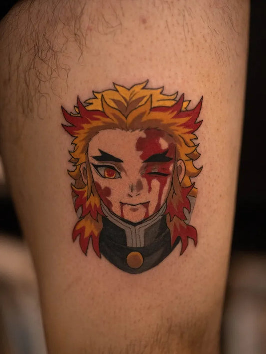 Small Anime Rengoku on Men Thigh Tattoo by @ryanhctattoo