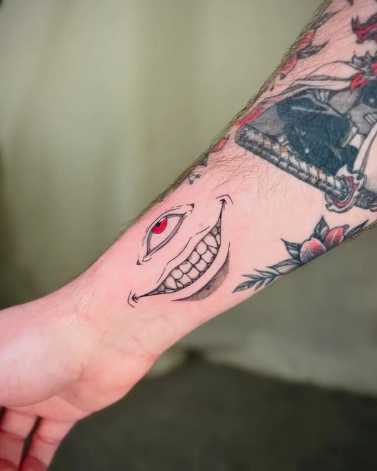 Small Anime Ryomen Sukuna Face on Men Forearm Tattoo by @fantattoo531
