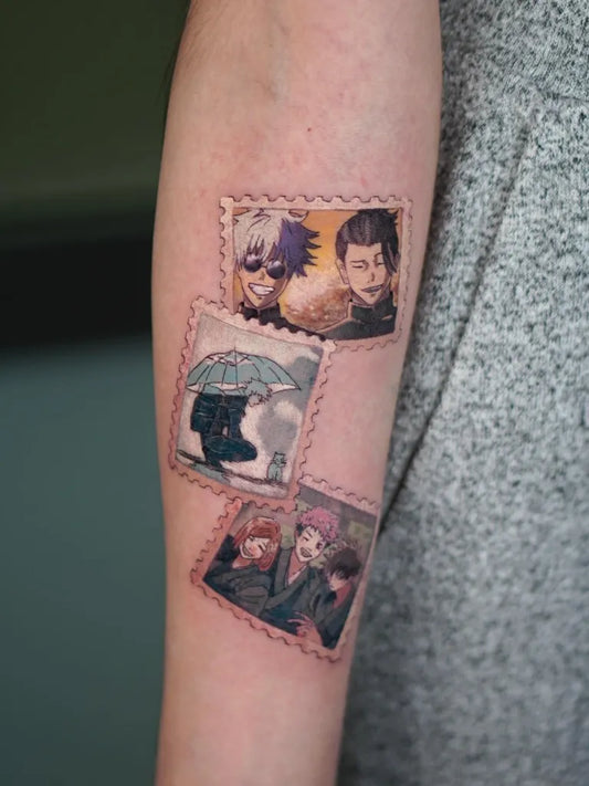 Small Anime StampPortraits on Men Arm Tattoo by @ninazh_tattooer