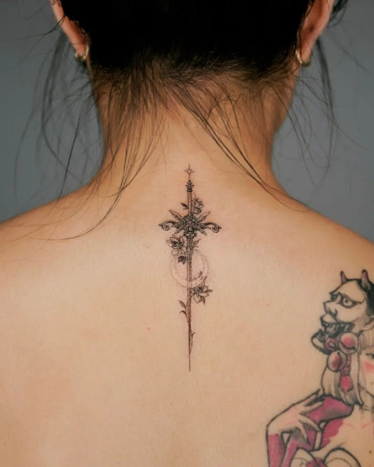 Small Antique Sword with Roses and Moon on Women Back Tattoo by @yeonji_heart