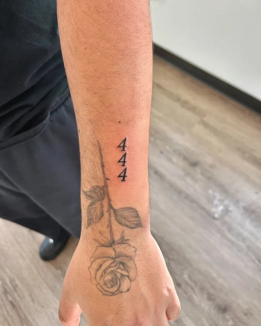 Small Black and Grey 444 Rose on Men Wrist Tattoo by @inkedbyazul