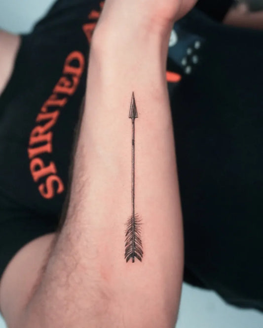 Small Black and Grey Arrow Tattoo on Men Forearm by @dokda