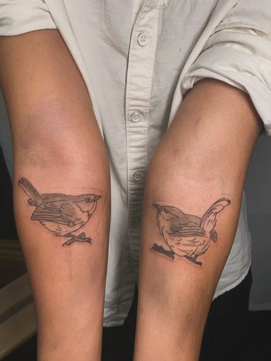 Small Black and Grey Bird Tattoo on Women Forearm by @alixandraw