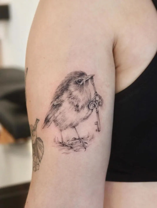 Small Black and Grey Bird with Key Tattoo on Women Arm by @fairies.and.goblins