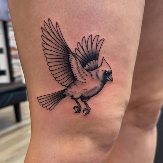 Small Black and Grey Cardinal Bird Tattoo on Women Thigh by @cayladseawright