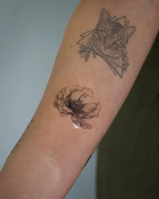 Small Black and Grey Cat Poppy Tattoo on Women Arm by @mari__tattoos