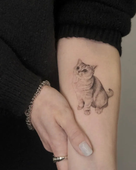 Small Black and Grey Cat Tattoo on Women Arm by @e.lis.tattoo