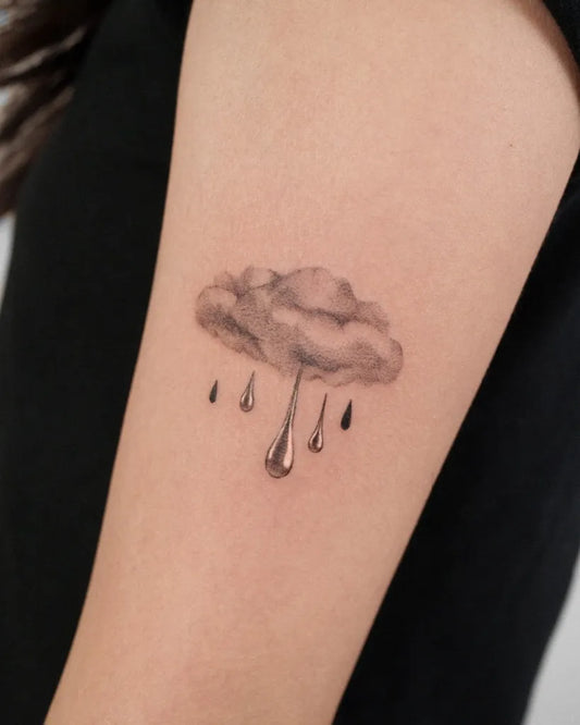 Small Black and Grey Cloud and Rain Drops Tattoo on Women Arm by @inside_space1992
