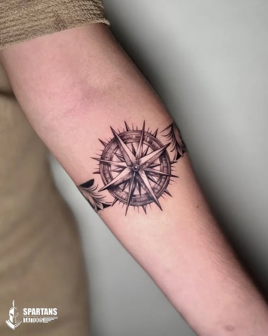 Small Black and Grey Compass Band on Men Arm Tattoo by @spartans_tattoos