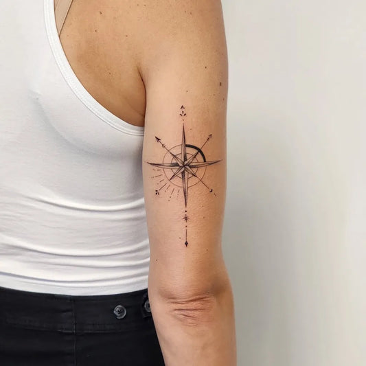 Small Black and Grey Compass on Women Arm Tattoo by @crystaldawntattoos