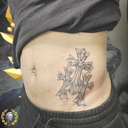 Small Black and Grey Crosses Spiritual Tattoo on Men Side by @caesarink.kosova