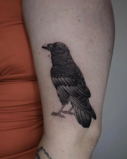 Small Black and Grey Crow Tattoo on Women Arm by @justine.tattoo