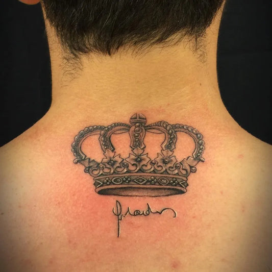 Small Black and Grey Crown Signature Tattoo on Men Neck by @tugberkkirazlik