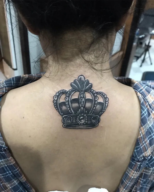 Small Black and Grey Crown Tattoo on Women Neck by @oncop_adam