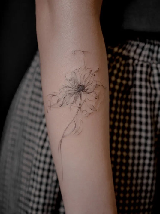 Small Black and Grey Daisy Tattoo on Women Arm by @nottheretattoo