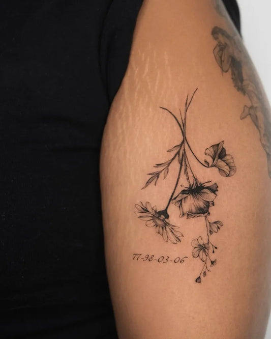 Small Black and Grey Daisy and Date Tattoo on Women Arm by @blair_ding