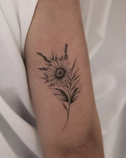 Small Black and Grey Daisy and Lavender Tattoo on Women Arm by @black.peony.ink