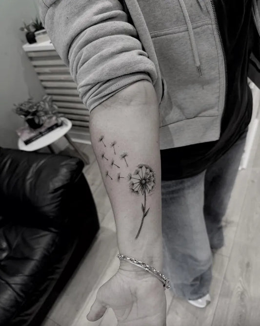 Small Black and Grey Dandelion Tattoo on Women Forearm by @theviperpittattoo