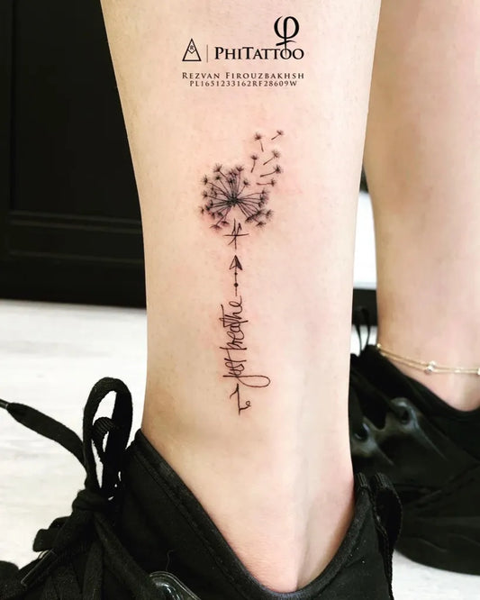 Small Black and Grey Dandelion with Script Tattoo on Women Leg by @tattoobyrez