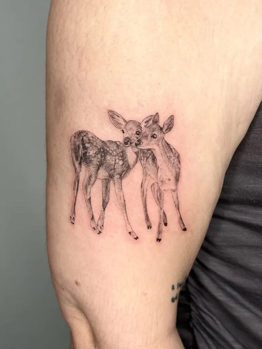 Small Black and Grey Deer Tattoo on Women Arm by @tattooaurax