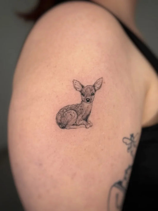 Small Black and Grey Deer Tattoo on Women Upper Arm by @ronniehtatts