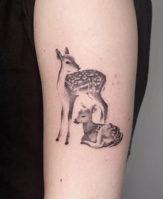 Small Black and Grey Deer and Fawn Tattoo on Women Arm by @tillytattoo